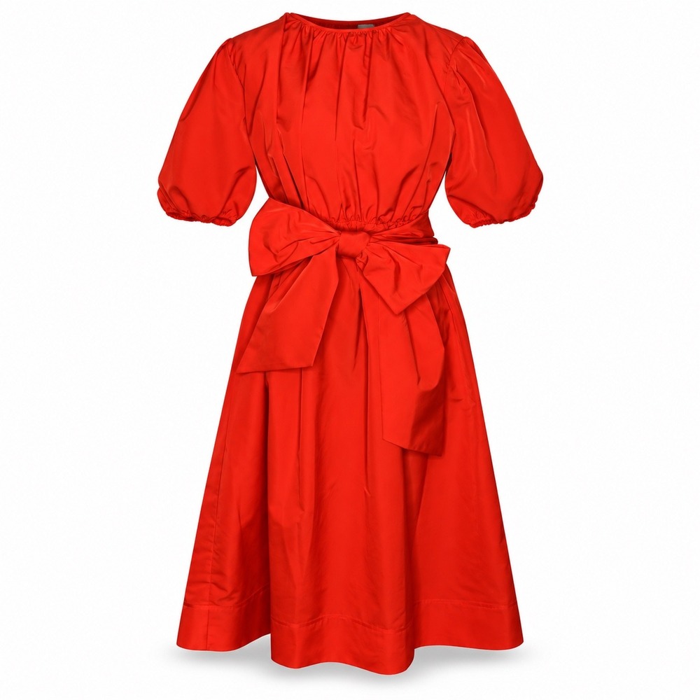 LDT Midi Dress 0 Red Coquette Bow Puff Sleeve Wedding Guest Holiday Glam